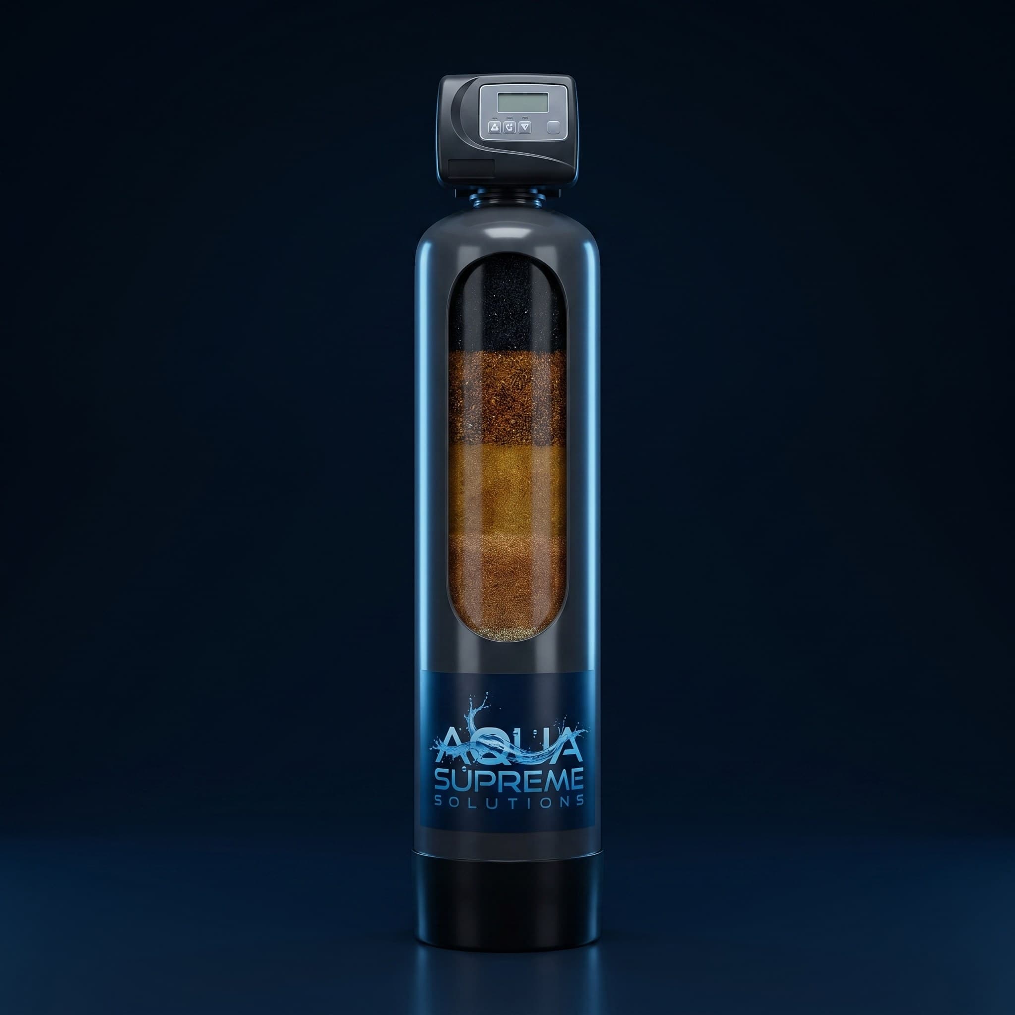 Aqua Supreme whole-home filtration tank with electronic control valve and a cutaway showing the six media beds